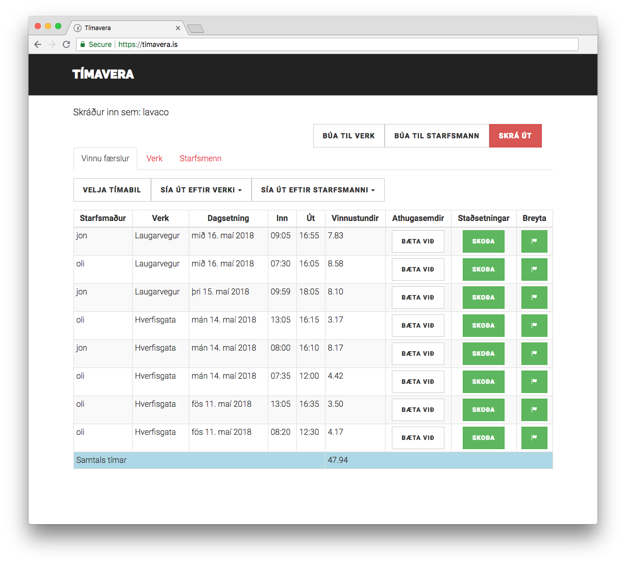 Web dashboard for Tímavera time tracking