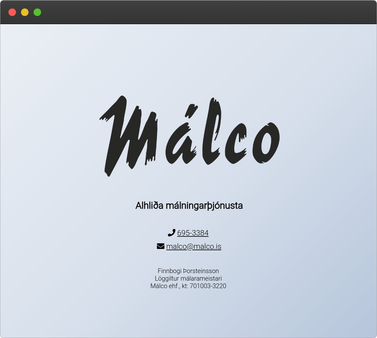 Screenshot from malco.is, a simple site with contact details